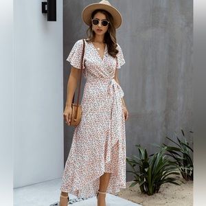 ECOWISH Bohemian Wrap V Neck Short Sleeve High Split Beach Maxi Dress